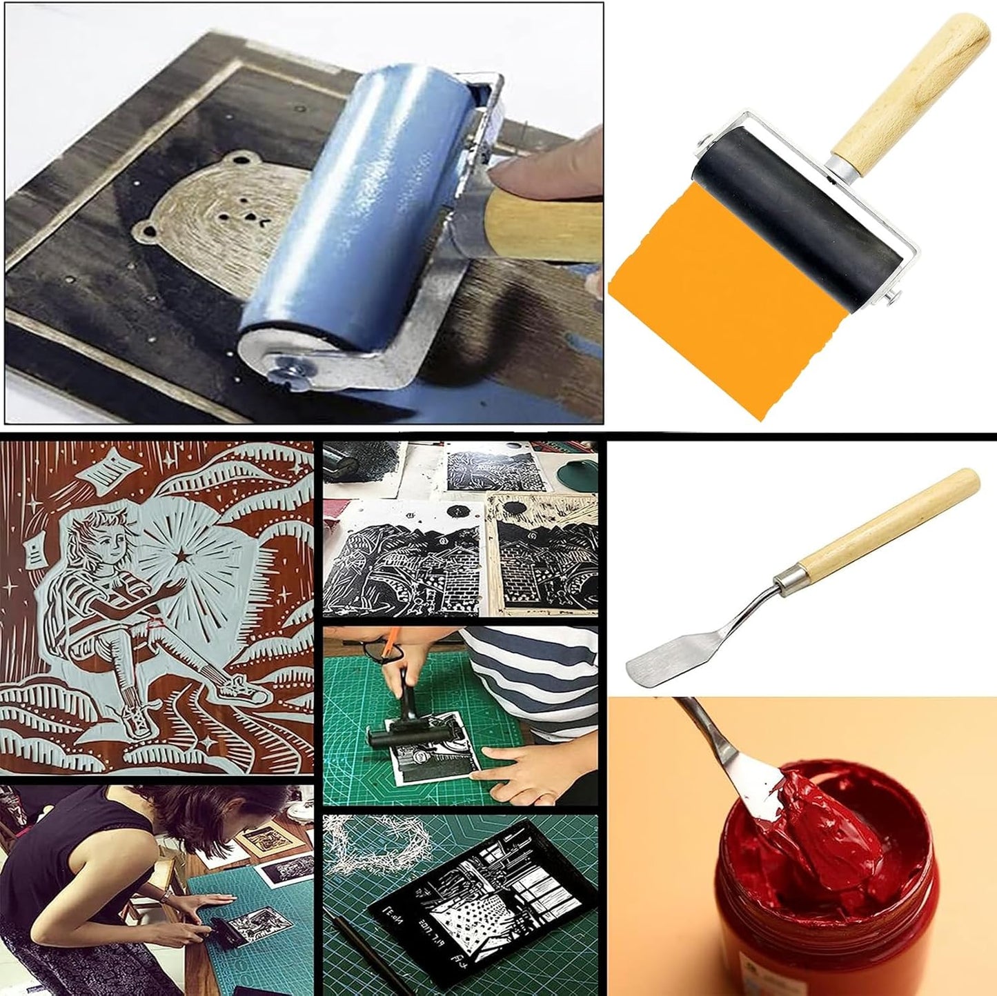 4 Pack Rubber Roller - Brayer Rollers with 3 Size for Crafting Brayer Rollers for Printmaking Brayer Tool Paint Brush Ink Applicator Art Craft Oil Painting Tool 1.4 in,2.4 in,4 in + 1 Scraper HRJZF