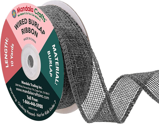 Mandala Crafts Gray Burlap Wired Ribbon 1 Inches Wide Jute Ribbons for Crafts - 10 Yds Roll Rustic Burlap Wrap Trim Ribbons for Wreaths Bows Party Decoration