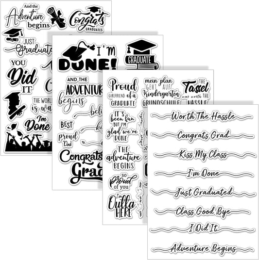 Whaline 4 Sheet Graduation Words Clear Stamps Congrats Grad Cap Silicone Transparent Stamps Border Stamp Cards for DIY Craft Card Making Scrapbooking Embossing Album Decor