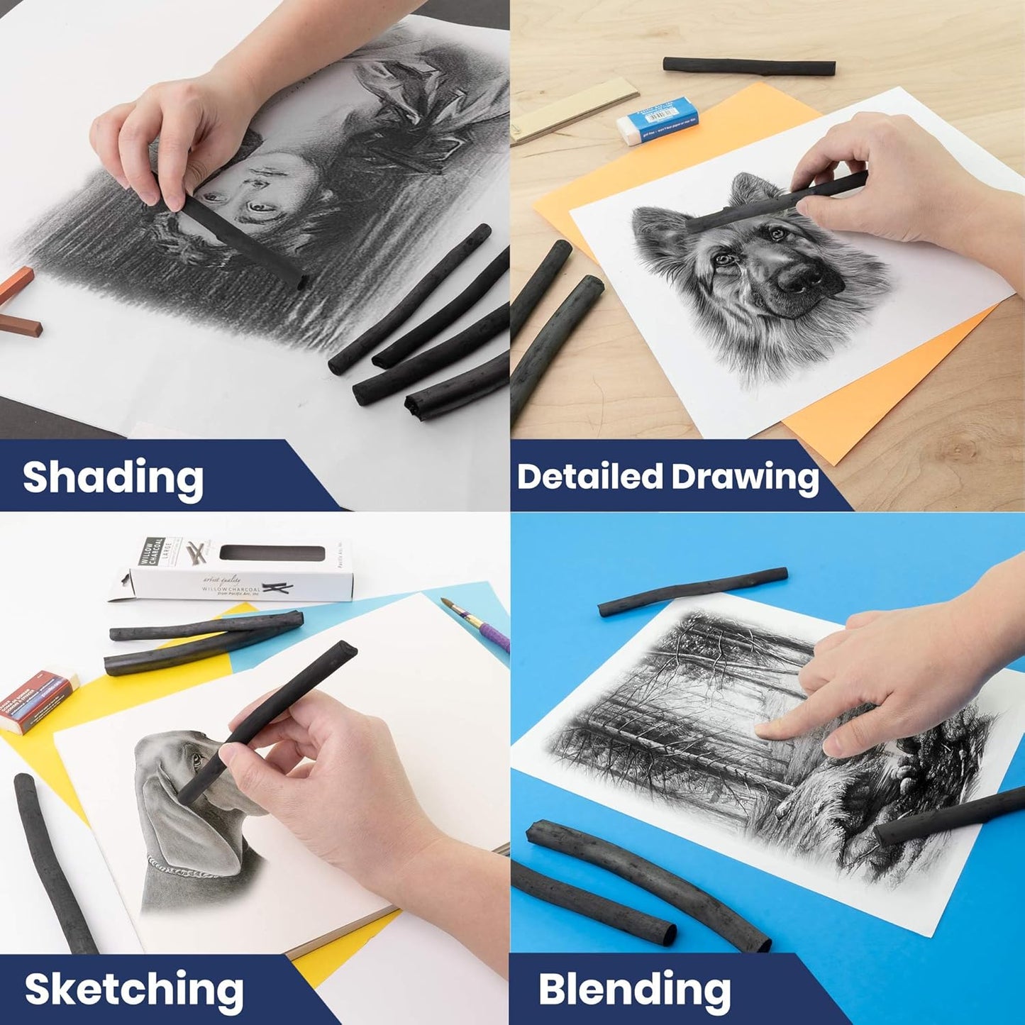 Pacific Arc Large Vine Charcoal Stick 5/Pkg, Soft, Black, Thick Willow Charcoal for Sketching and Drawing