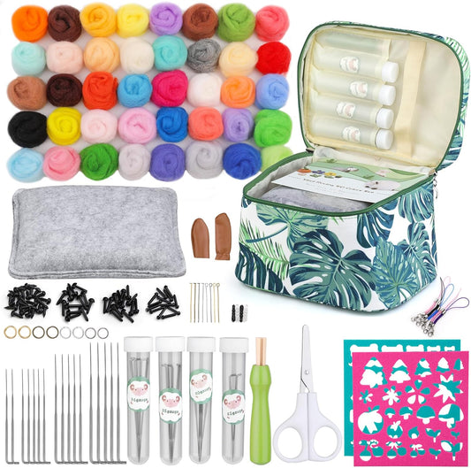 Needle Wool Felting Starter Kit with Exquisite Green Storage Bag, Wool Roving 40 Colors Set, Tools for Felted Animal Needle Felting Supplies