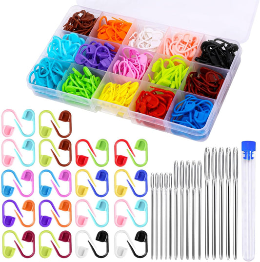 LUNARM 315 Pieces Stitch Markers for Crocheting, Stitch Locking Clip Colorful Knitting Markers Crochet Clips with 15 Pieces Big Eyes Blunt Sewing Needles (2inch/2.3inch/2.7inch)