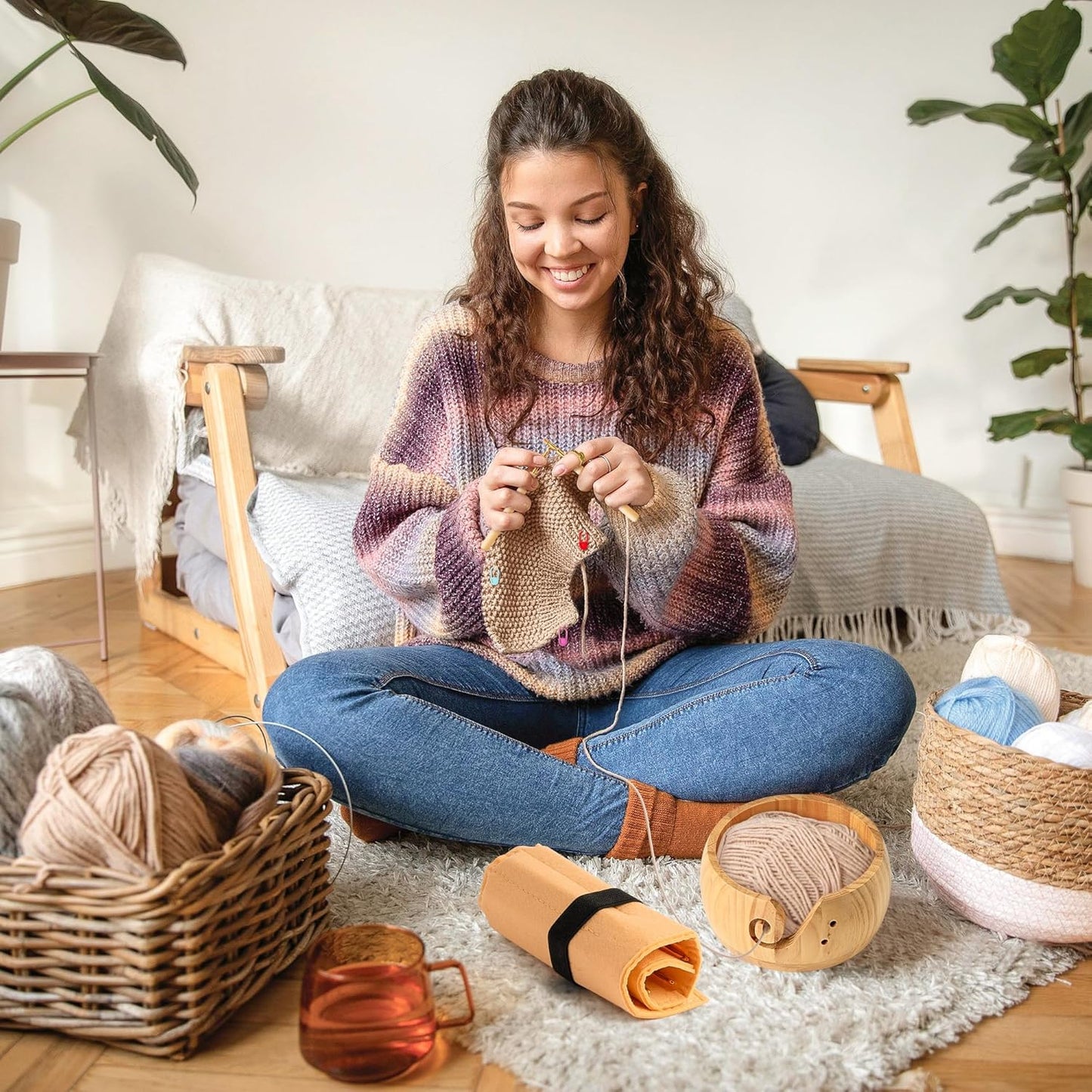 WATINC Wooden Yarn Bowl Holder Set - Large Crochet Yarn Storage Bowls with 9pcs Metal Knitting Hooks, Adjustable Loop Ring Stitch Markers with Box Crochet Gifts for Knitters Crocheters (Natural)