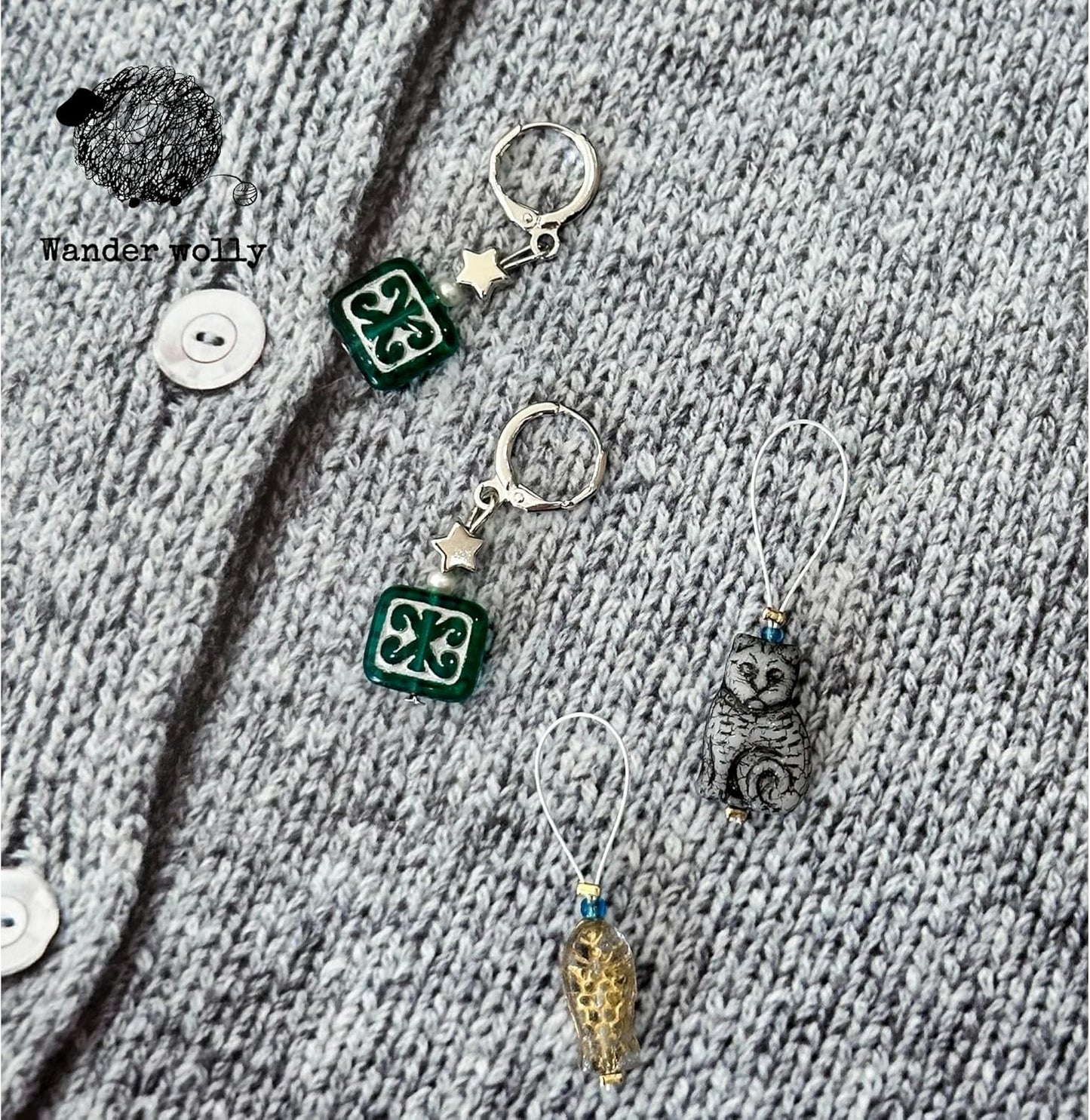 Handmade Stitch Markers for Knitting and Crochet, Two Green Floral Removable Rings, Gold-Edged Fish and Gray Cat Closed Ring, with Storage Case.