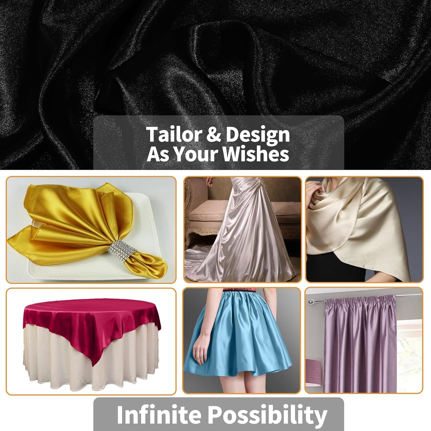 RUDONG M Black Satin Fabric by The Yard, 3 Yard x 60 Inch Wide Silky Charmeuse Satin Fabric, Soft Satin Fabric for Wedding Decorations, Bridal Dress, Sewing, Accessories, DIY Crafts