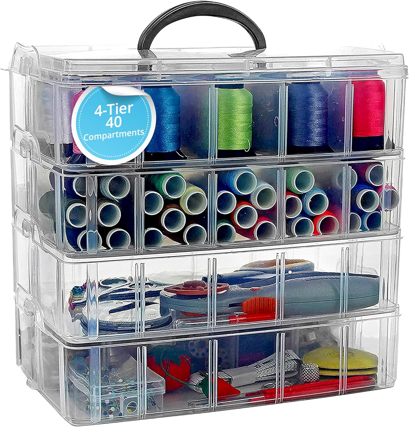 Bins & Things Clear 4-Tier Stackable Storage Containers with lids - 40 Adjustable Compartments for Craft Organizers - Storage box for Jewelry, beads, kids toys, makeup box and sewing supplies
