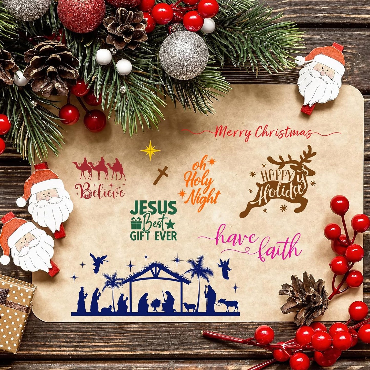 Whaline 4 Sheets Christmas Clear Stamps Greeting Words Nativity Scene Silicone Transparent Stamps Holy Night Stamp for Xmas DIY Craft Card Making Scrapbooking Embossing Album Decor